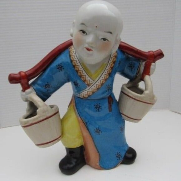 Porcelain Chinese Vintage Asian Figure Statue Pottery Boy Carrying Water Pails - Picture 1 of 8